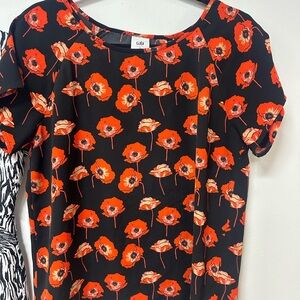 CAbi Black and Red Poppy Print Short Sleeve Top
